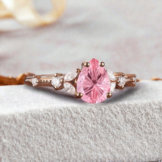 Vintage Pear Pink Sapphire Engagement Ring Unique Moissanite Sidestones Pear Gemstone Promise Ring