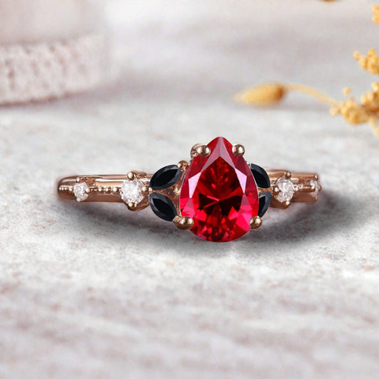 Vintage Pear Ruby Engagement Ring Unique Black Onyx Sidestones Pear Shape Gemstone Promise Ring Ver.2