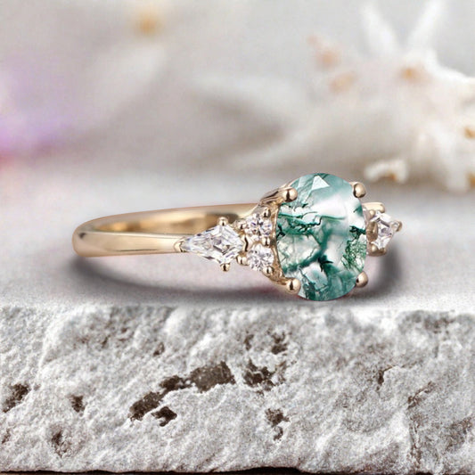 Unique Vintage Moss Agate Engagement Ring 14K Rose Gold Oval Cut Natural Moss Agate Wedding Promise Ring Handmade Ring Anniversary Rings For Women