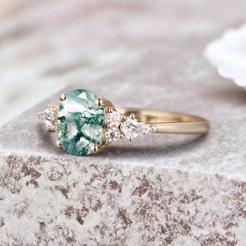 Bague de fiançailles vintage ovale en pierre de lune, bague de promesse unique en opale et moissanite