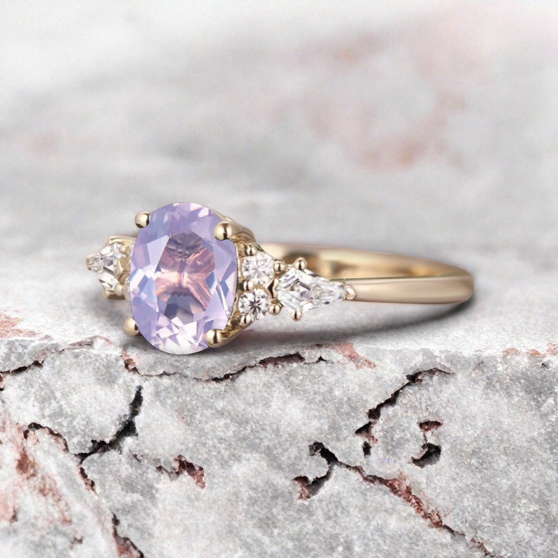 Bague de fiançailles vintage ovale en pierre de lune, bague de promesse unique en opale et moissanite