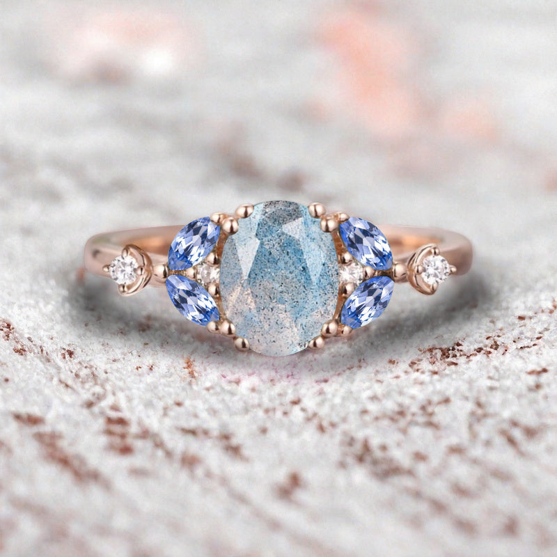 Bague de fiançailles vintage ovale en pierre de lune, bague de promesse unique en opale et moissanite