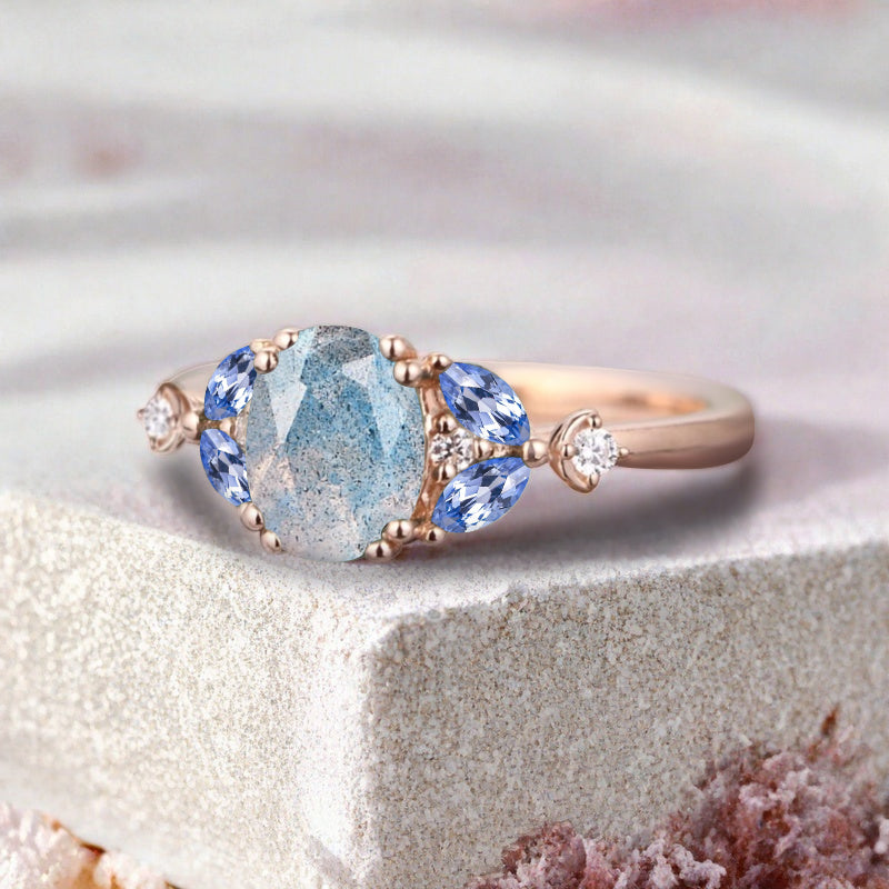 Bague de fiançailles vintage ovale en pierre de lune, bague de promesse unique en opale et moissanite