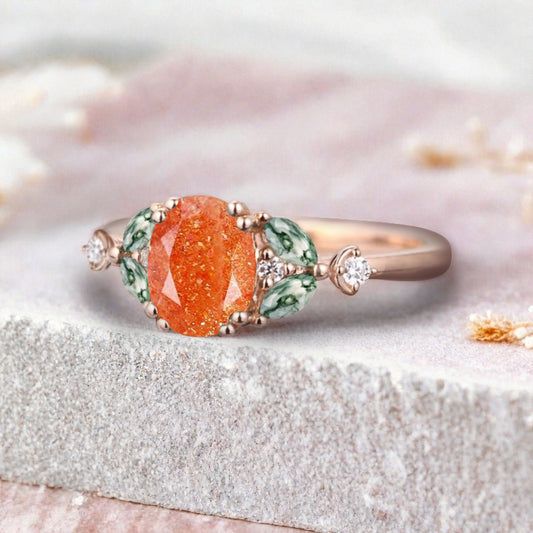 Vintage Oval Sunstone Engagement Ring Unique Moss Agate Sidestones Oval Gemstone Promise Ring
