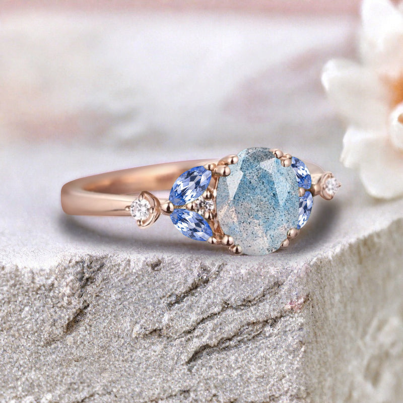 Bague de fiançailles vintage ovale en pierre de lune, bague de promesse unique en opale et moissanite