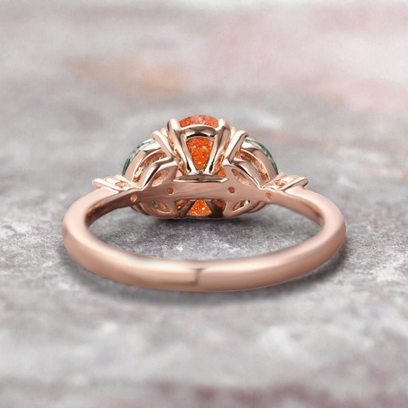 Vintage Oval Sunstone Engagement Ring Unique Moss Agate Sidestones Oval Gemstone Promise Ring