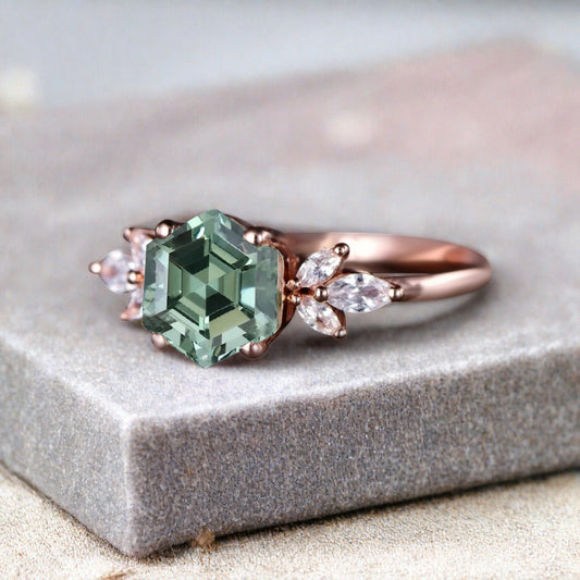 Vintage Green Agate Wedding Ring Hexagon Cut Tsavorite Engagement Ring Unique Bridal Ring Art Deco Tsavorite Ring Anniversary Gift Ring