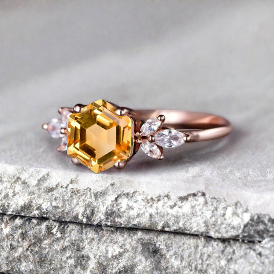 Vintage Yellow Agate Wedding Ring Hexagon Cut Citrine Engagement Ring Unique Bridal Ring Art Deco Citrine Ring Anniversary Gift Ring