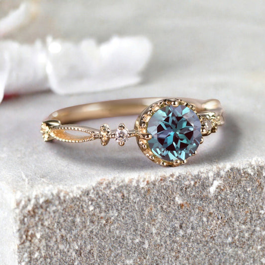 Round Shaped Aquamarine Engagement Ring Vintage Gemstone Ring Unique Cluster Ring Rose Gold Ring Promise Wedding Bridal Ring Women