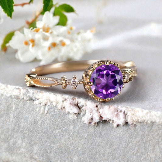 Round Shaped Amethyst Engagement Ring Vintage Gemstone Ring Unique Cluster Ring Rose Gold Ring Promise Wedding Bridal Ring Women