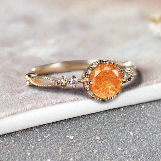 Round Shaped Sunstone Engagement Ring Vintage Gemstone Ring Unique Cluster Ring Rose Gold Ring Promise Wedding Bridal Ring Women
