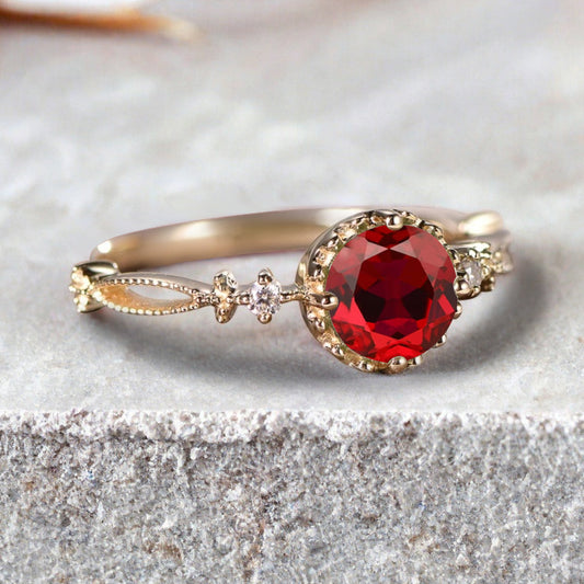 Round Shaped Ruby Engagement Ring Vintage Gemstone July Birthstone Ring Unique Cluster Ring Rose Gold Ring Promise Wedding Bridal Ring Women