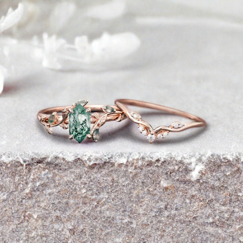 18k Solid Gold Moss Agate Ring Set, Nature Leaf Solitaire Ring Green Healing Gemstone Ring Set, Everyday Wear Thin Ring Promise Ring For Women