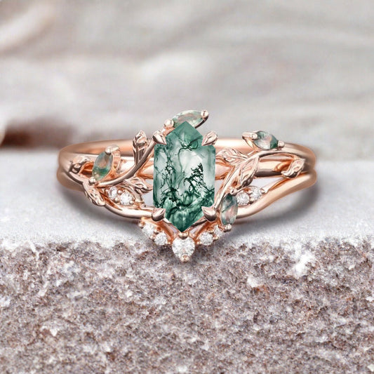 18k Solid Gold Moss Agate Ring Set, Nature Leaf Solitaire Ring Green Healing Gemstone Ring Set, Everyday Wear Thin Ring Promise Ring For Women