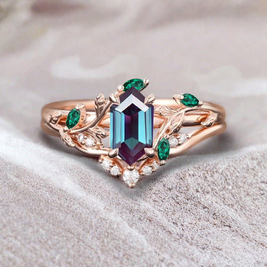 18k Solid Gold Alexandrite Ring Set, Nature Leaf Solitaire Ring Blue-Purple Healing Gemstone Ring Set, Everyday Wear Thin Ring Promise Ring For Women