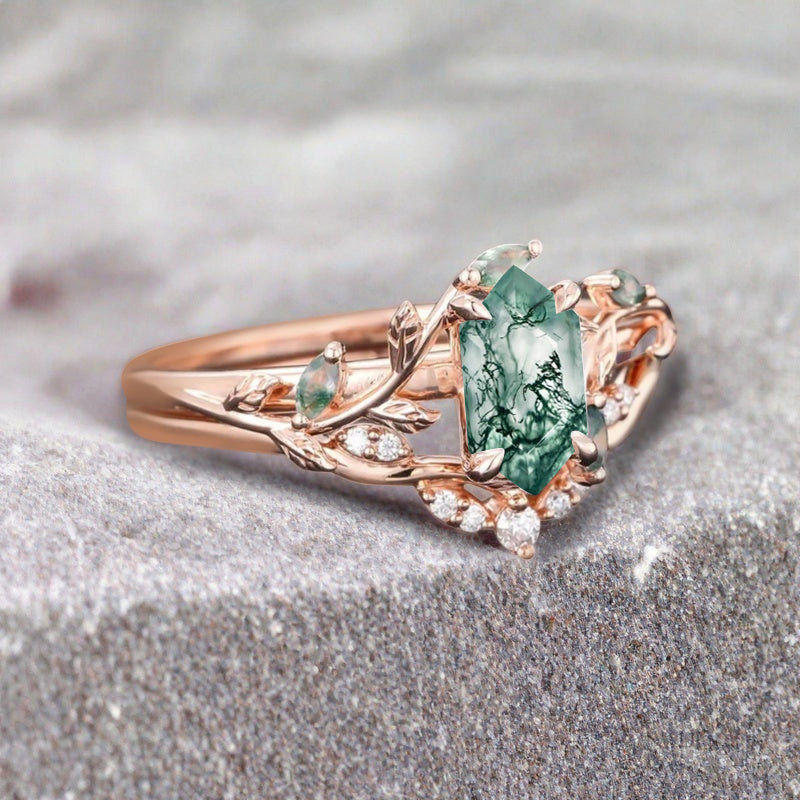 18k Solid Gold Moss Agate Ring Set, Nature Leaf Solitaire Ring Green Healing Gemstone Ring Set, Everyday Wear Thin Ring Promise Ring For Women