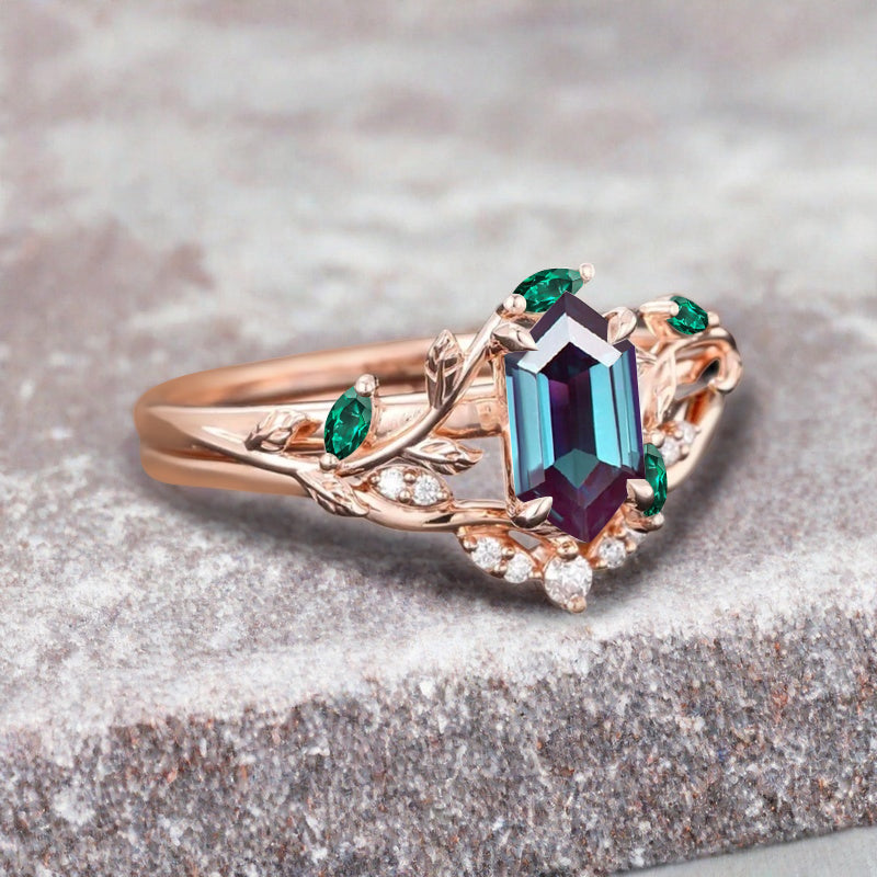 18k Solid Gold Alexandrite Ring Set, Nature Leaf Solitaire Ring Blue-Purple Healing Gemstone Ring Set, Everyday Wear Thin Ring Promise Ring For Women