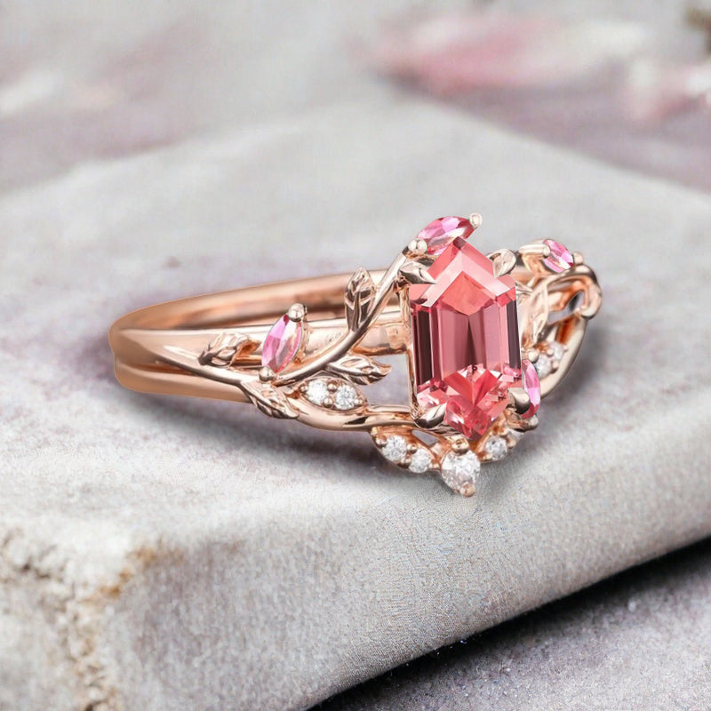 18k Solid Gold Pink Sapphire Ring Set, Nature Leaf Solitaire Ring Pink Healing Gemstone Ring Set, Everyday Wear Thin Ring Promise Ring For Women
