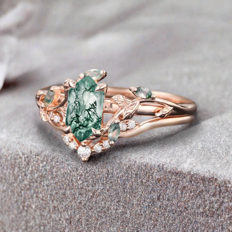 18k Solid Gold Moss Agate Ring Set, Nature Leaf Solitaire Ring Green Healing Gemstone Ring Set, Everyday Wear Thin Ring Promise Ring For Women