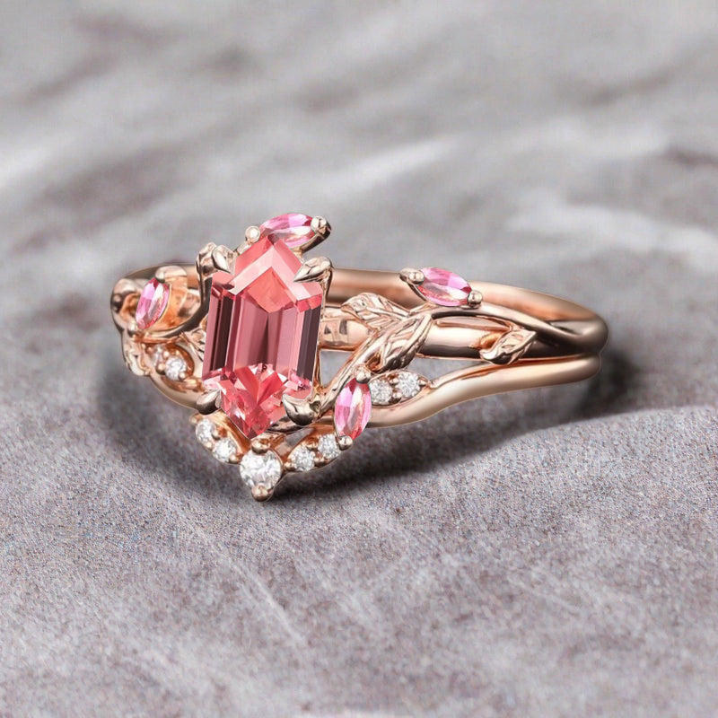 18k Solid Gold Pink Sapphire Ring Set, Nature Leaf Solitaire Ring Pink Healing Gemstone Ring Set, Everyday Wear Thin Ring Promise Ring For Women