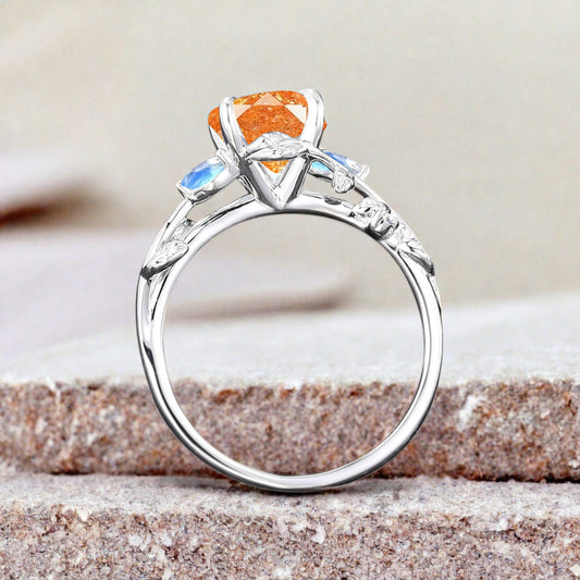 Round cut Orange Sunstone ring Vintage White gold Leaf engagement ring Marquise cut Moonstone ring Nature inspired Twig ring Gift