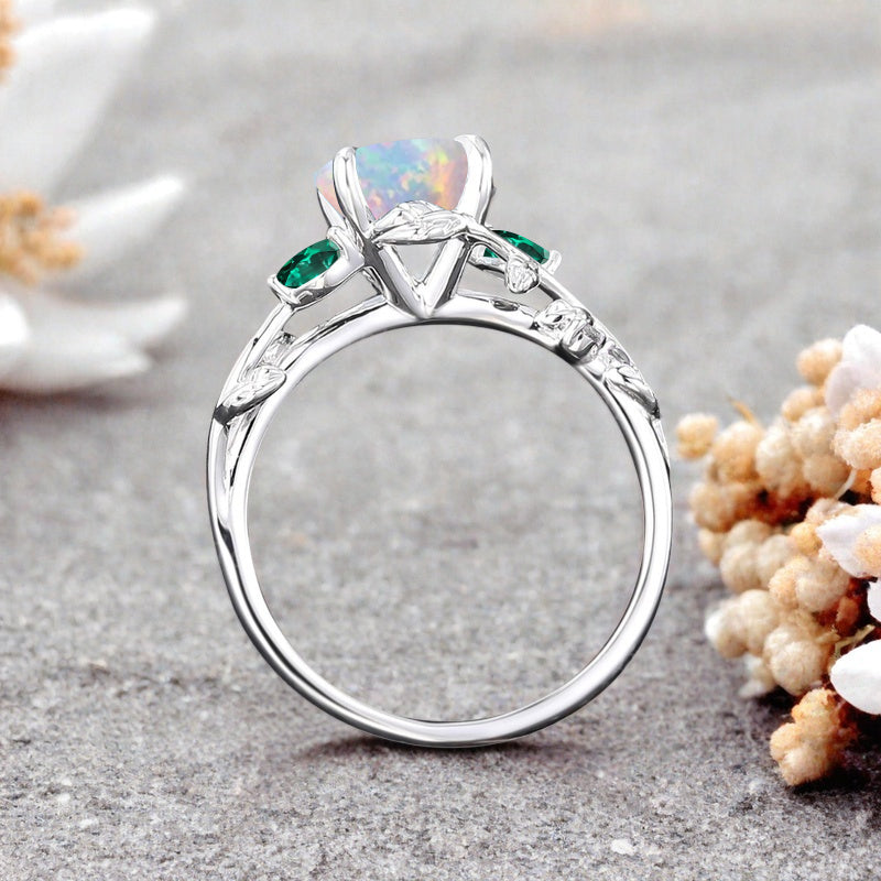 Bague de fiançailles vintage ovale en pierre de lune, bague de promesse unique en opale et moissanite