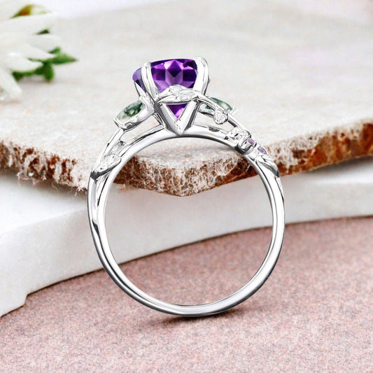 Round cut Purple Amethyst ring Vintage White gold Leaf engagement ring Marquise cut Moss Agate ring Nature inspired Twig ring Gift