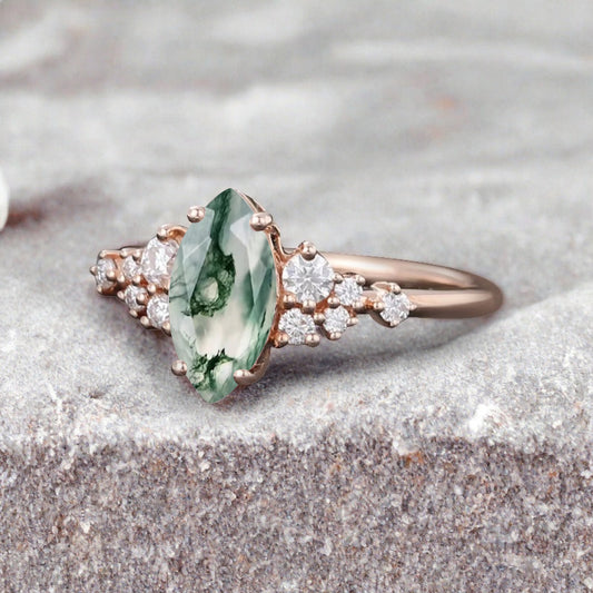 Vintage Marquise Moss Agate Engagement Ring, Rose Gold Moissanite Cluster Custom Sterling Silver Wedding Ring Promise Ring Gift for her