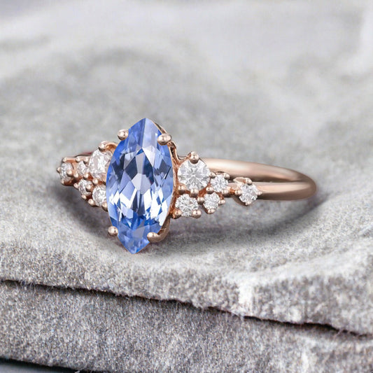 Vintage Marquise Blue Topaz Engagement Ring, Rose Gold Moissanite Cluster Custom Sterling Silver Wedding Ring Promise Ring Gift for her