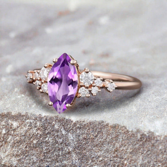 Vintage Marquise Amethyst Engagement Ring, Rose Gold Moissanite Cluster Custom Sterling Silver Wedding Ring Promise Ring Gift for her