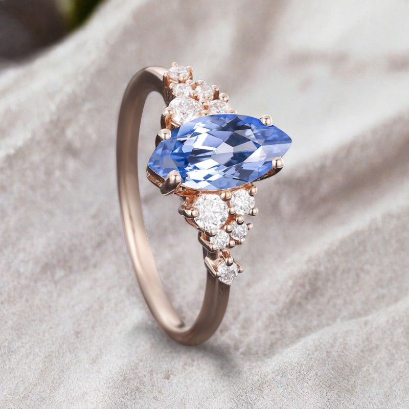 Bague de fiançailles vintage en forme de poire avec aigue-marine, ensemble de bagues de mariage uniques, cadeau d'anniversaire