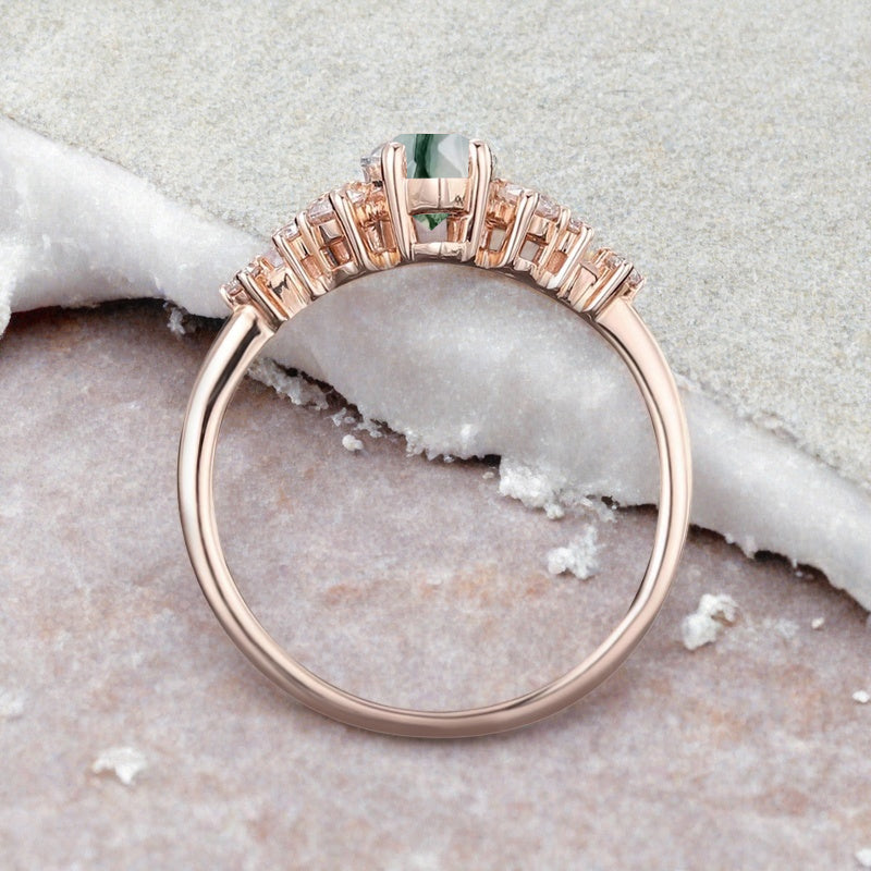 Vintage Marquise Moss Agate Engagement Ring, Rose Gold Moissanite Cluster Custom Sterling Silver Wedding Ring Promise Ring Gift for her