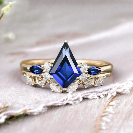 Kite cut blue topaz ring set rose gold 6 prong art deco unique engagement ring set women dainty diamond ring set Personalized anniversary gift