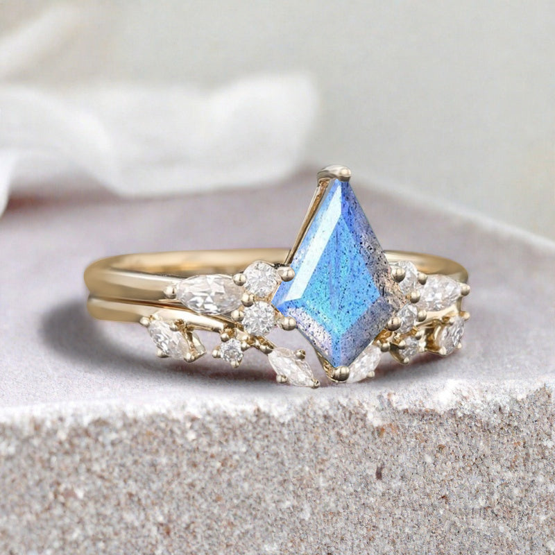 Kite cut Labradorite ring set rose gold 6 prong art deco unique engagement ring set women dainty diamond ring set Personalized anniversary gift
