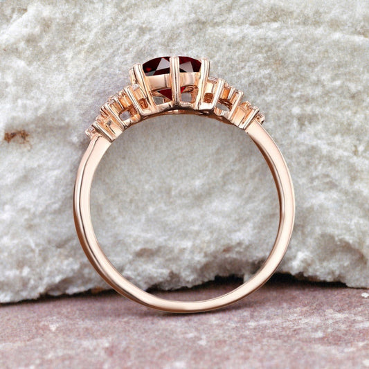 Vintage Ruby Engagement Ring, Unique Cluster Bridal Ring, Round Moissanite Ring, Rose Gold Birthstone Wedding Ring,Promise Anniversary Ring