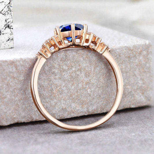 Vintage Blue Topaz Engagement Ring, Unique Cluster Bridal Ring, Round Moissanite Ring, Rose Gold Birthstone Wedding Ring,Promise Anniversary Ring