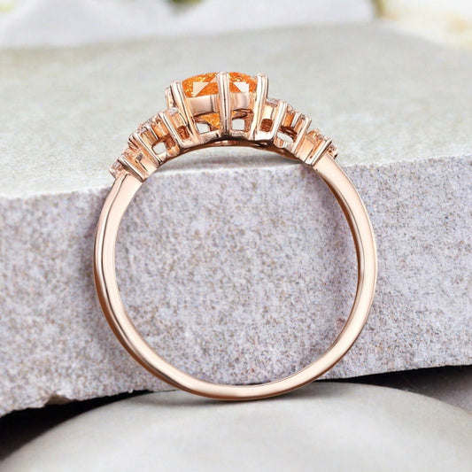 Vintage Sunstone Engagement Ring, Unique Cluster Bridal Ring, Round Moissanite Ring, Rose Gold Birthstone Wedding Ring,Promise Anniversary Ring