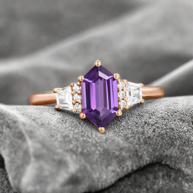 Vintage Hexagon Cut Natural Amethyst Ring Unique Amethyst Engagement Ring Art Deco Amethyst Ring Handmade Rose Gold Bridal Promise Ring