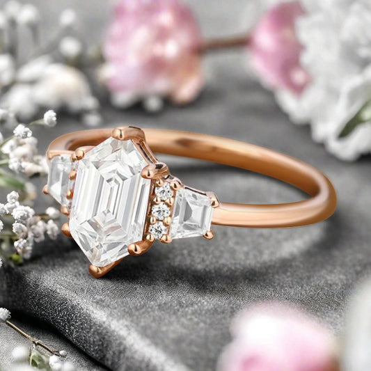 Vintage Hexagon Cut Natural Moissanite Ring Unique Moissanite Engagement Ring Art Deco Moissanite Ring Handmade Rose Gold Bridal Promise Ring