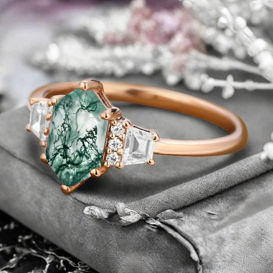 Vintage Hexagon Cut Natural Moss Agate Ring Unique Moss Agate Engagement Ring Art Deco Moss Agate Ring Handmade Rose Gold Bridal Promise Ring