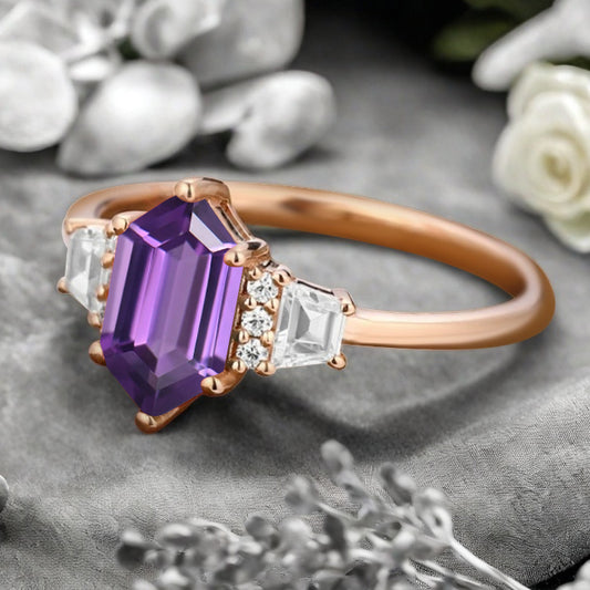 Vintage Hexagon Cut Natural Amethyst Ring Unique Amethyst Engagement Ring Art Deco Amethyst Ring Handmade Rose Gold Bridal Promise Ring