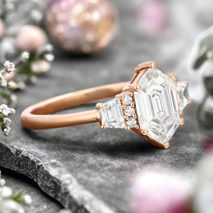 Vintage Hexagon Cut Natural Moissanite Ring Unique Moissanite Engagement Ring Art Deco Moissanite Ring Handmade Rose Gold Bridal Promise Ring