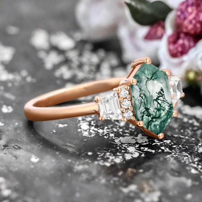 Vintage Hexagon Cut Natural Moss Agate Ring Unique Moss Agate Engagement Ring Art Deco Moss Agate Ring Handmade Rose Gold Bridal Promise Ring