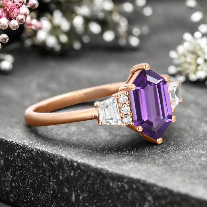 Vintage Hexagon Cut Natural Amethyst Ring Unique Amethyst Engagement Ring Art Deco Amethyst Ring Handmade Rose Gold Bridal Promise Ring