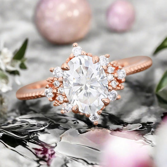 Oval Halo Moissanite Engagement Ring Moissanite Cluster Ring Floral Moissanite Ring Sunburst Ring Solid Gold Ring Vintage Anniversary Ring