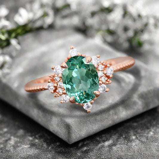 Oval Halo Tsavorite Engagement Ring Moissanite Cluster Ring Floral Tsavorite Ring Sunburst Ring Solid Gold Ring Vintage Anniversary Ring