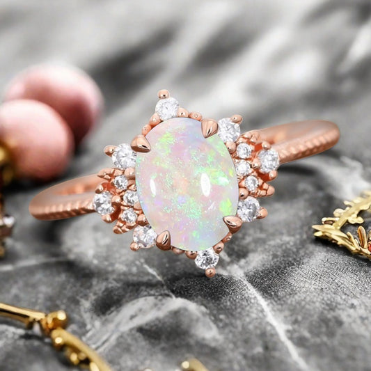 Oval Halo Opal Engagement Ring Moissanite Cluster Ring Floral Opal Ring Sunburst Ring Solid Gold Ring Vintage Anniversary Ring