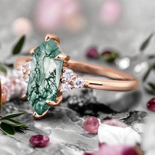 Marquise cut Moss agate engagement ring Vintage Rose gold ring Marquise diamond Bridal ring Anniversary gift