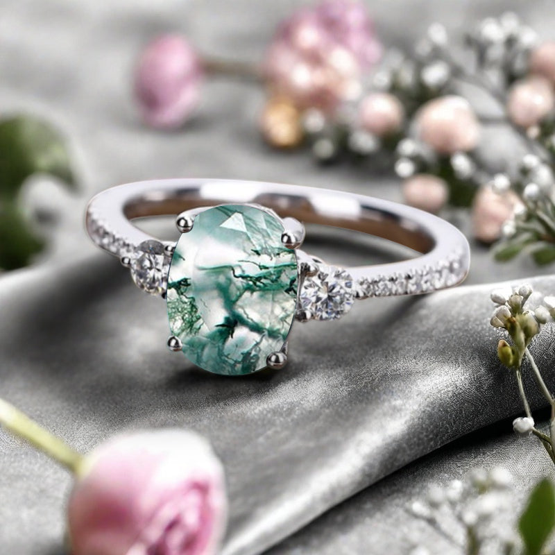 Bague de fiançailles vintage ovale en pierre de lune, bague de promesse unique en opale et moissanite