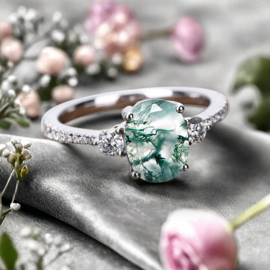 Vintage Oval Cut Moss Agate Ring Unique Moss Agate Engagement Ring Green Moss Agate Wedding Ring Moss Agate Statement Women Ring Gift For Her